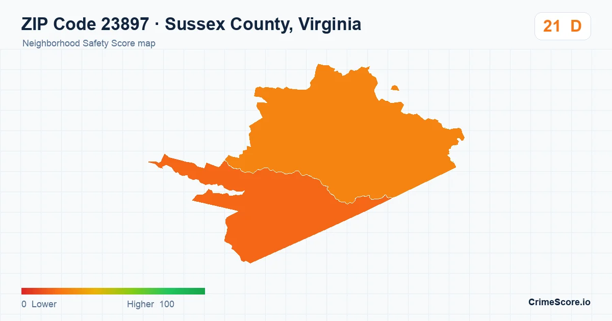 ZIP Code 23897 in Sussex County, Virginia neighborhood Safety Score map