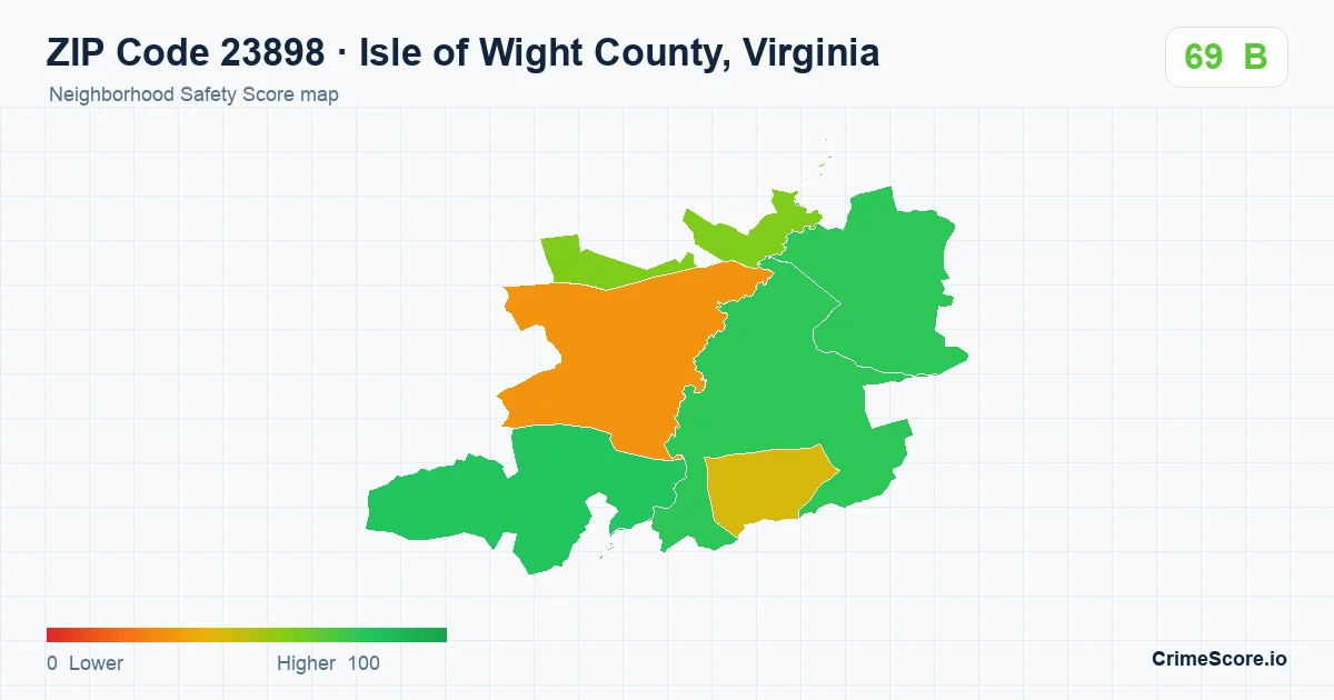 ZIP Code 23898 in Isle of Wight County, Virginia neighborhood Safety Score map