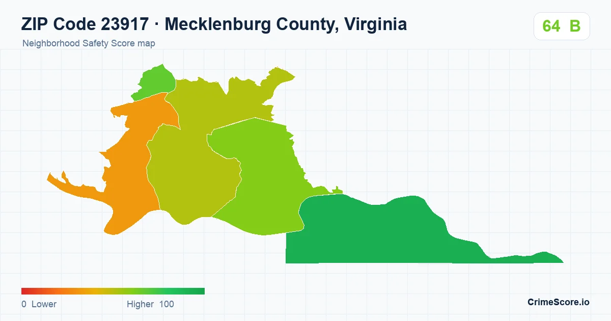 ZIP Code 23917 in Mecklenburg County, Virginia neighborhood Safety Score map