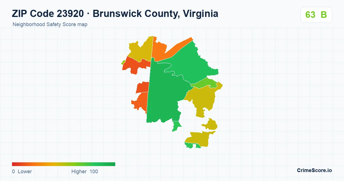 ZIP Code 23920 in Brunswick County, Virginia neighborhood Safety Score map