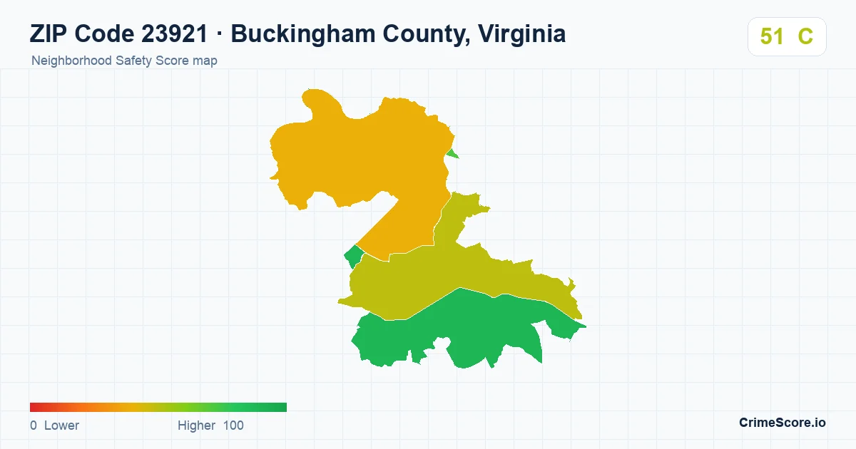 ZIP Code 23921 in Buckingham County, Virginia neighborhood Safety Score map