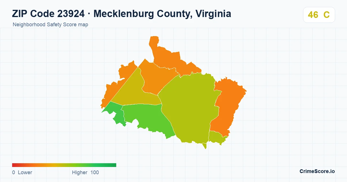 ZIP Code 23924 in Mecklenburg County, Virginia neighborhood Safety Score map