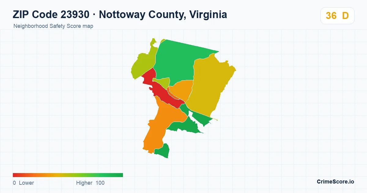ZIP Code 23930 in Nottoway County, Virginia neighborhood Safety Score map