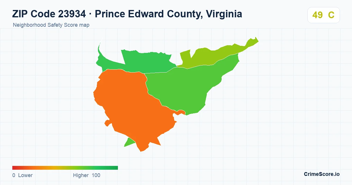 ZIP Code 23934 in Prince Edward County, Virginia neighborhood Safety Score map