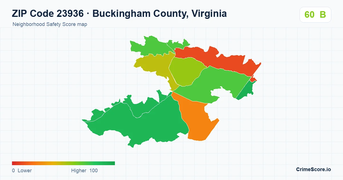 ZIP Code 23936 in Buckingham County, Virginia neighborhood Safety Score map
