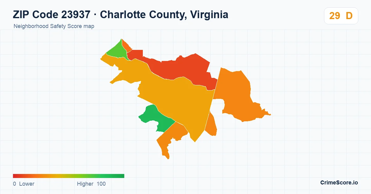 ZIP Code 23937 in Charlotte County, Virginia neighborhood Safety Score map