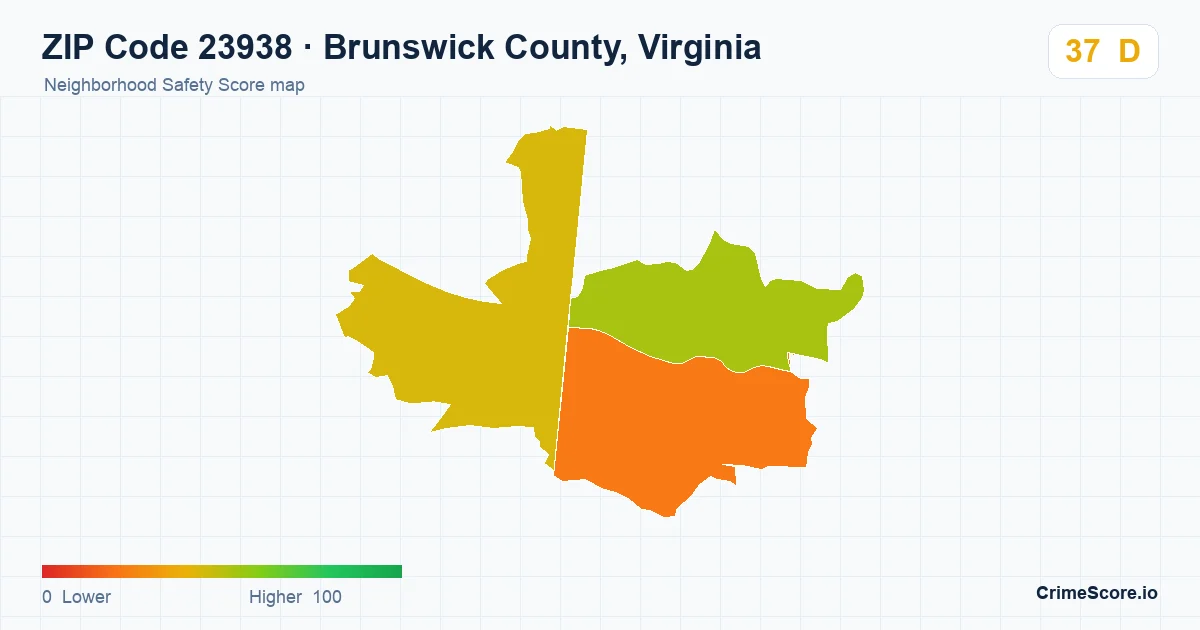 ZIP Code 23938 in Brunswick County, Virginia neighborhood Safety Score map