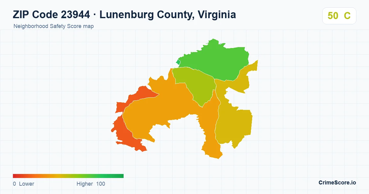 ZIP Code 23944 in Lunenburg County, Virginia neighborhood Safety Score map