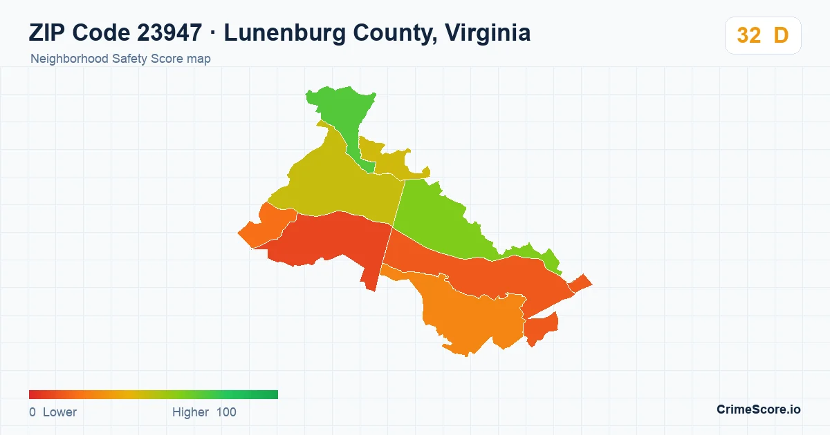 ZIP Code 23947 in Lunenburg County, Virginia neighborhood Safety Score map