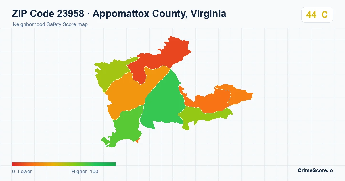 ZIP Code 23958 in Appomattox County, Virginia neighborhood Safety Score map