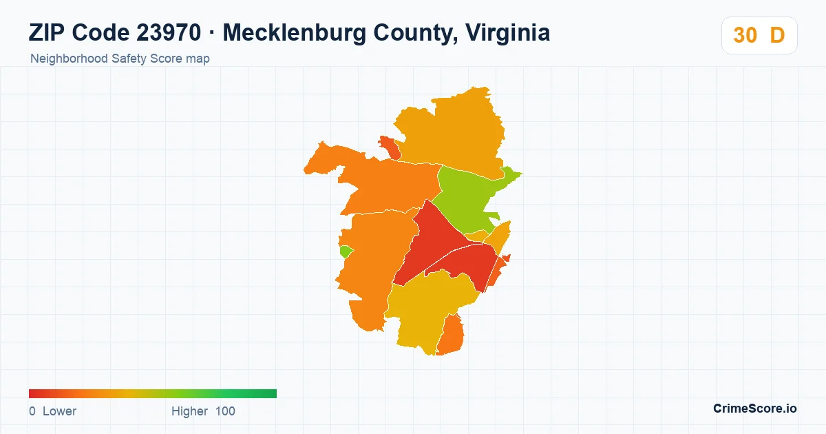 ZIP Code 23970 in Mecklenburg County, Virginia neighborhood Safety Score map