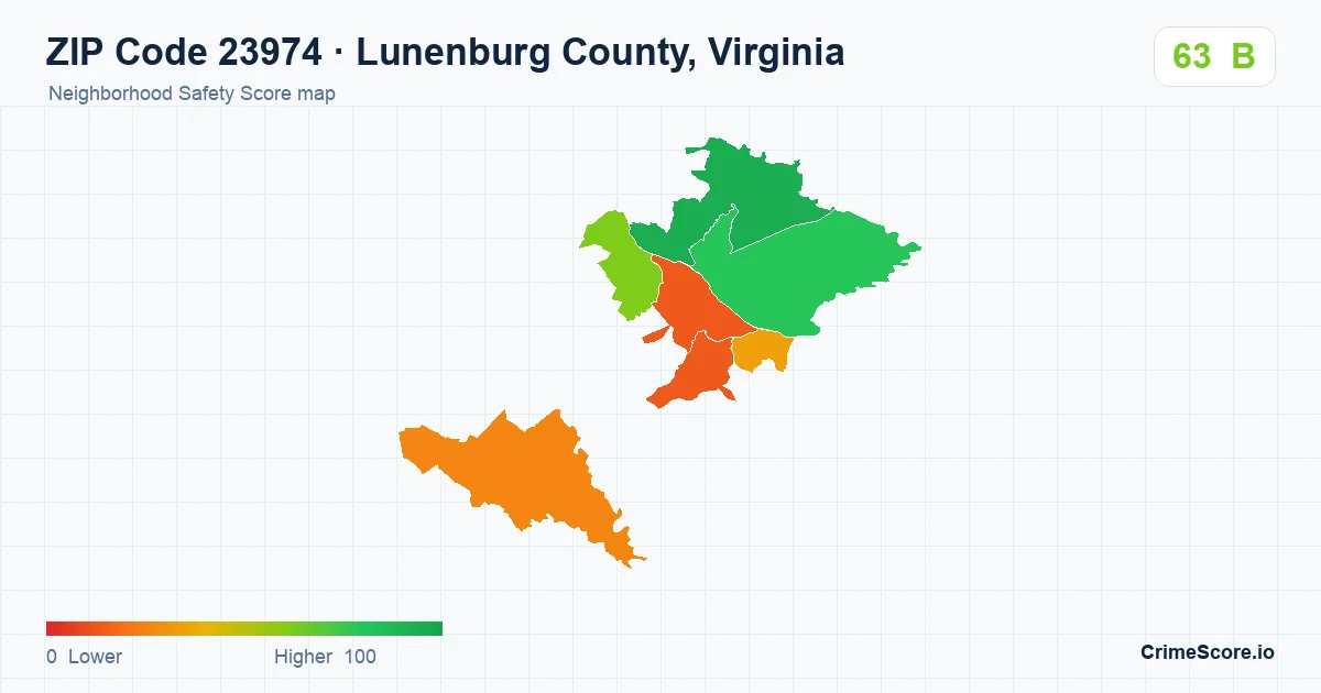 ZIP Code 23974 in Lunenburg County, Virginia neighborhood Safety Score map