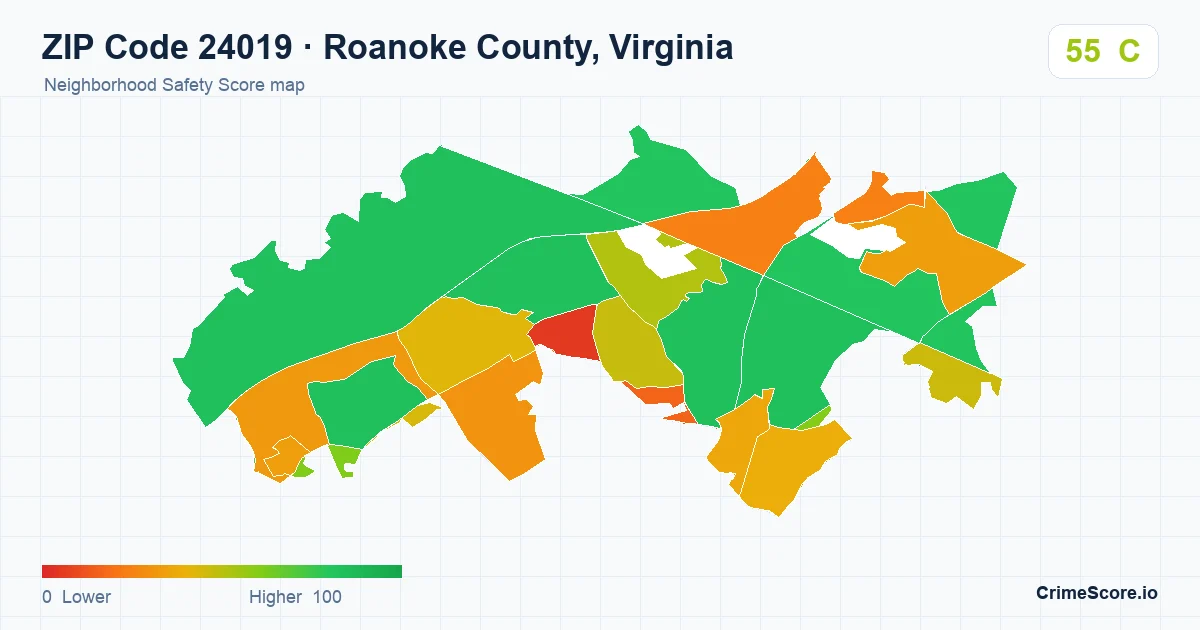 ZIP Code 24019 in Roanoke County, Virginia neighborhood Safety Score map