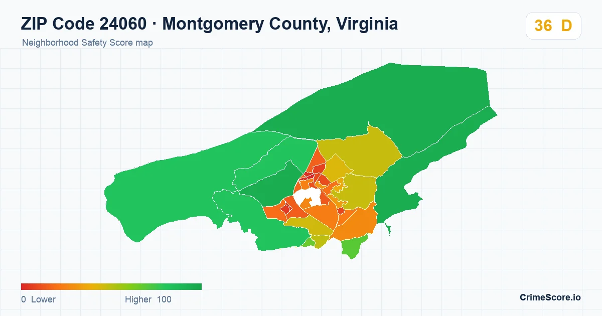 ZIP Code 24060 in Montgomery County, Virginia neighborhood Safety Score map