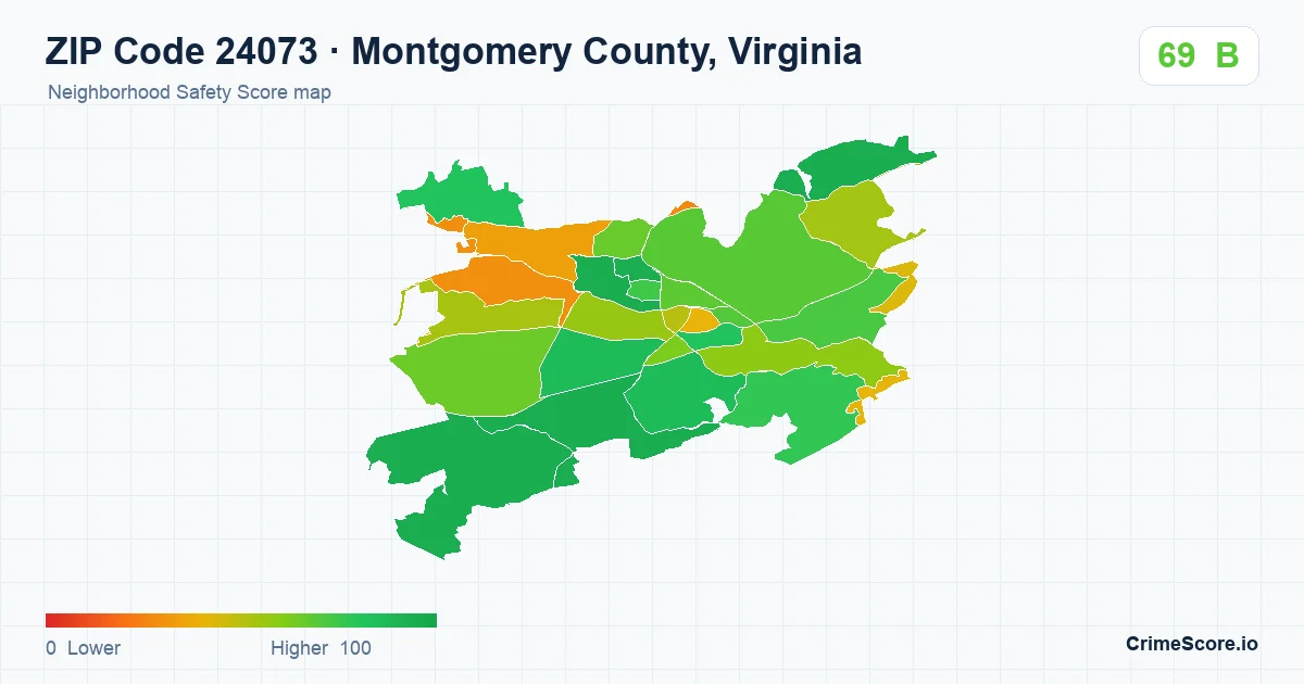 ZIP Code 24073 in Montgomery County, Virginia neighborhood Safety Score map