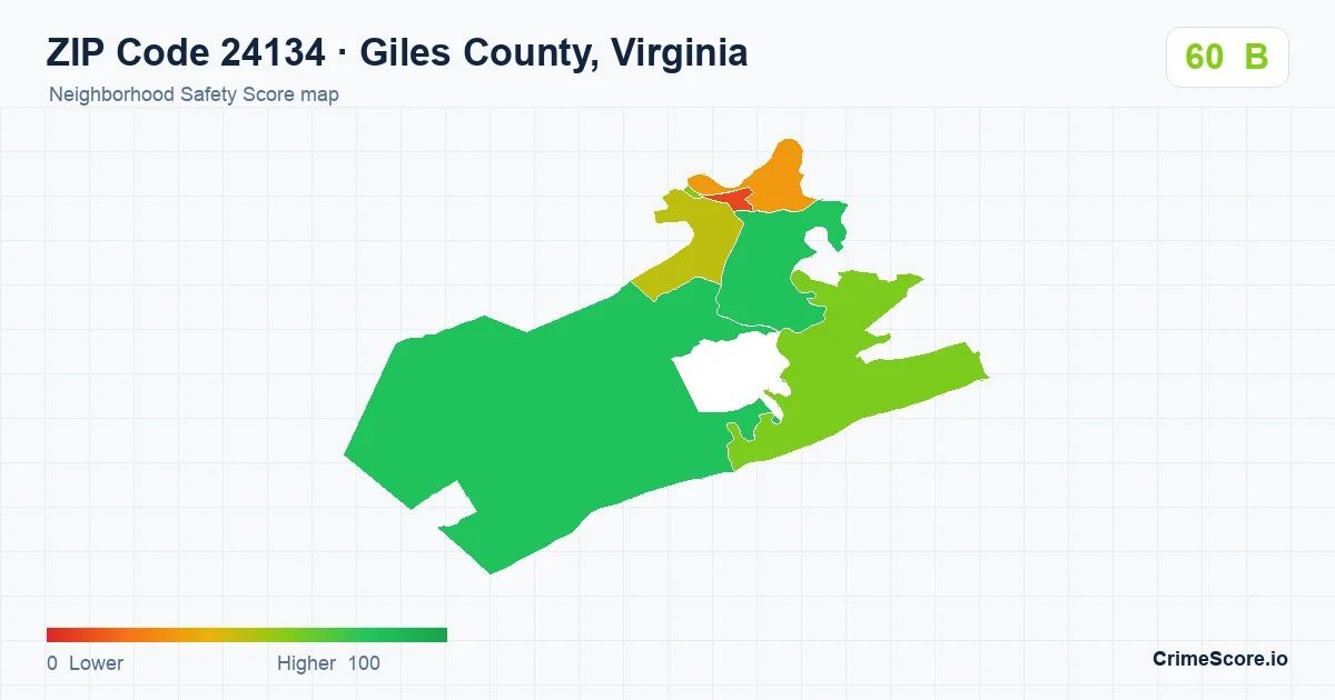 ZIP Code 24134 in Giles County, Virginia neighborhood Safety Score map