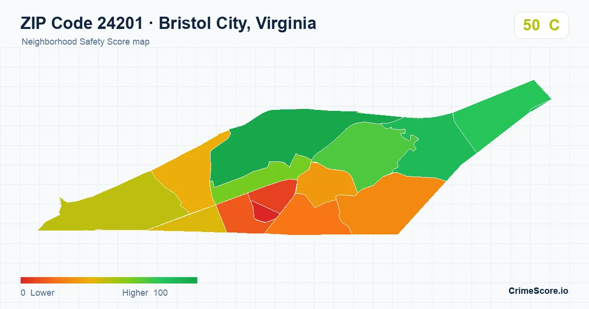ZIP Code 24201 in Bristol City, Virginia neighborhood Safety Score map