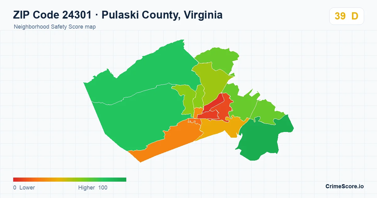 ZIP Code 24301 in Pulaski County, Virginia neighborhood Safety Score map