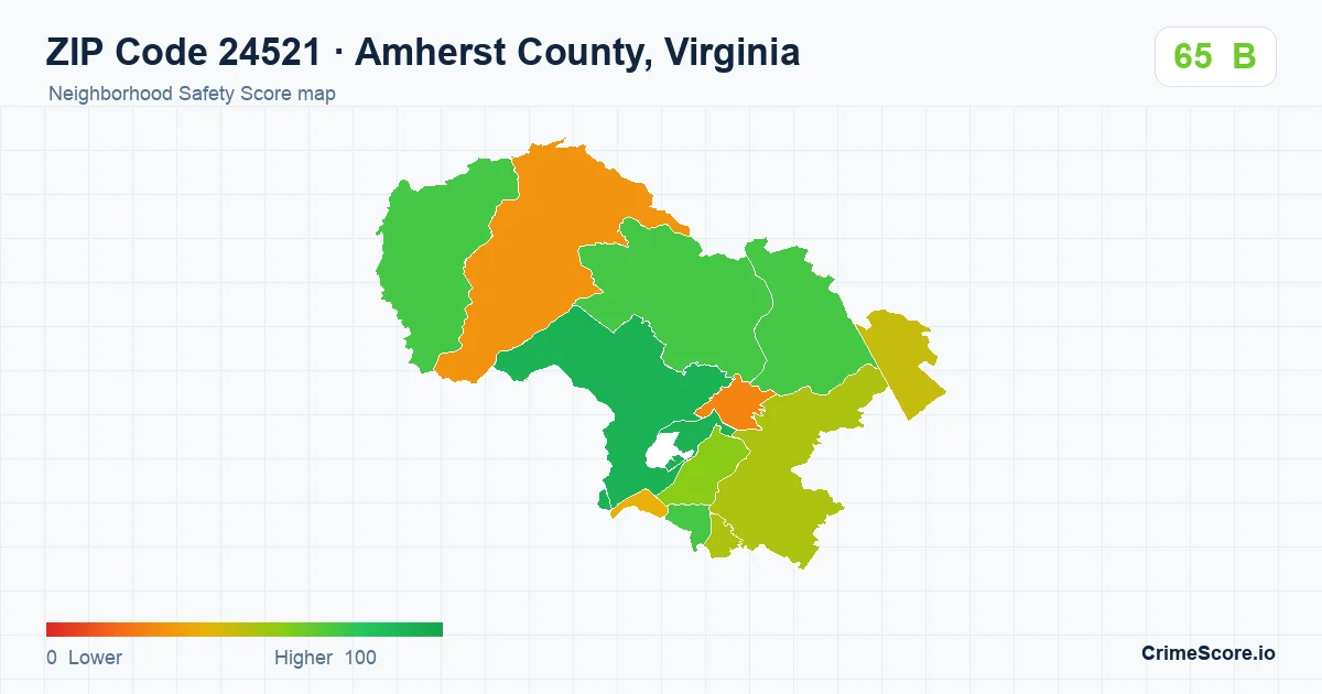 ZIP Code 24521 in Amherst County, Virginia neighborhood Safety Score map
