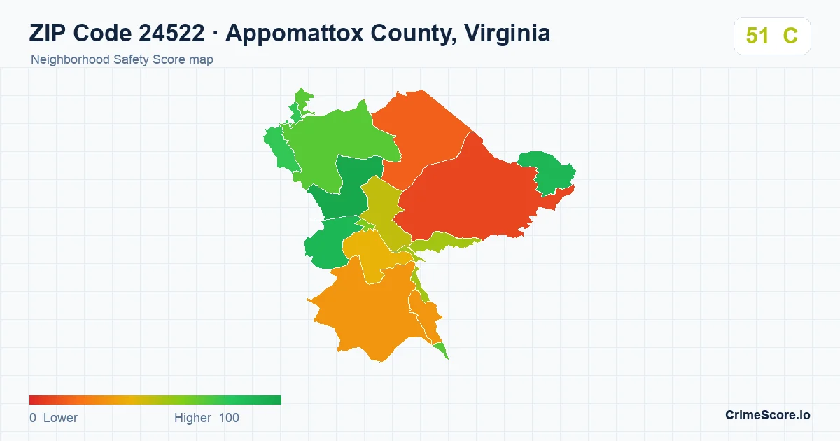 ZIP Code 24522 in Appomattox County, Virginia neighborhood Safety Score map