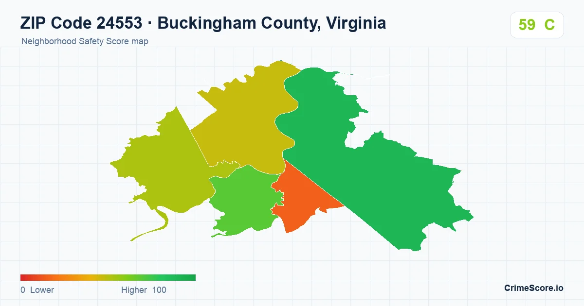 ZIP Code 24553 in Buckingham County, Virginia neighborhood Safety Score map