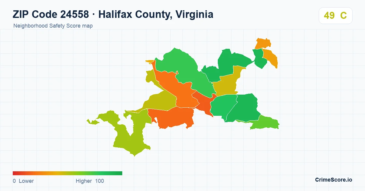 ZIP Code 24558 in Halifax County, Virginia neighborhood Safety Score map