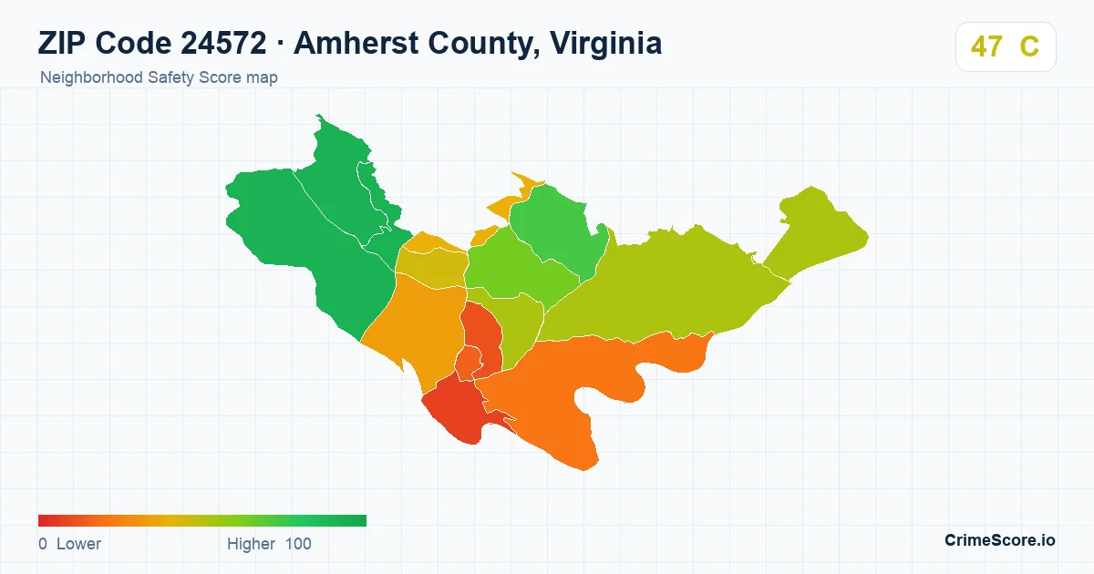 ZIP Code 24572 in Amherst County, Virginia neighborhood Safety Score map