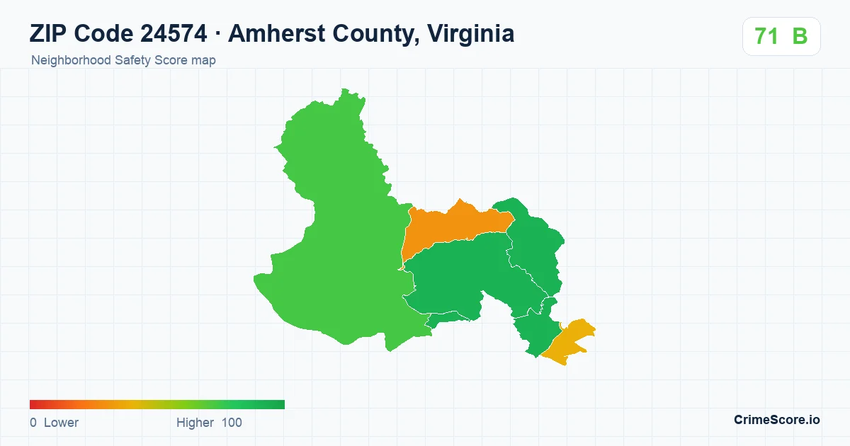 ZIP Code 24574 in Amherst County, Virginia neighborhood Safety Score map