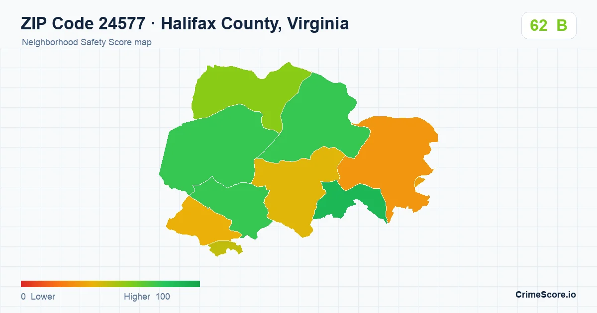 ZIP Code 24577 in Halifax County, Virginia neighborhood Safety Score map
