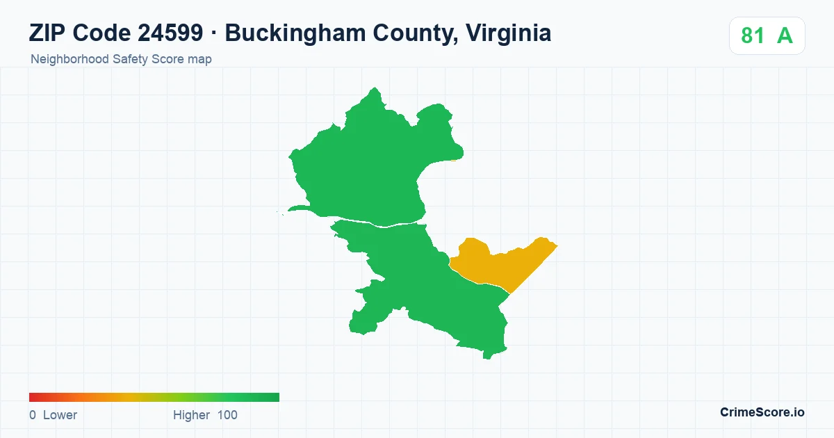 ZIP Code 24599 in Buckingham County, Virginia neighborhood Safety Score map