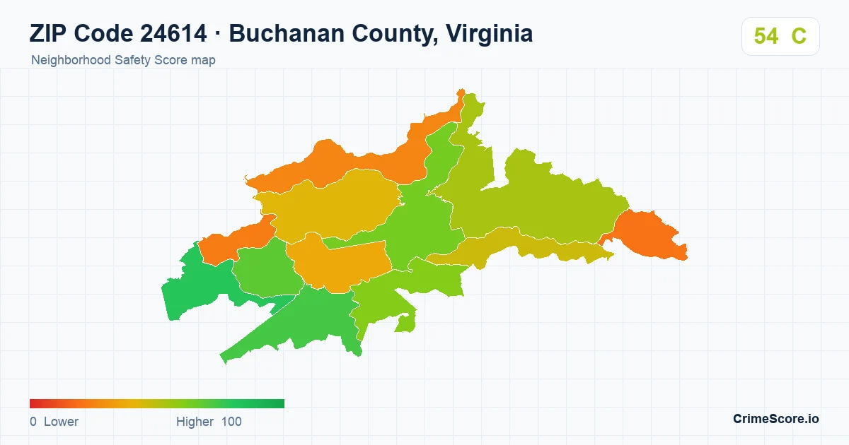 ZIP Code 24614 in Buchanan County, Virginia neighborhood Safety Score map
