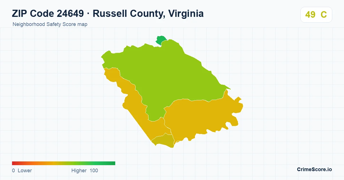 ZIP Code 24649 in Russell County, Virginia neighborhood Safety Score map
