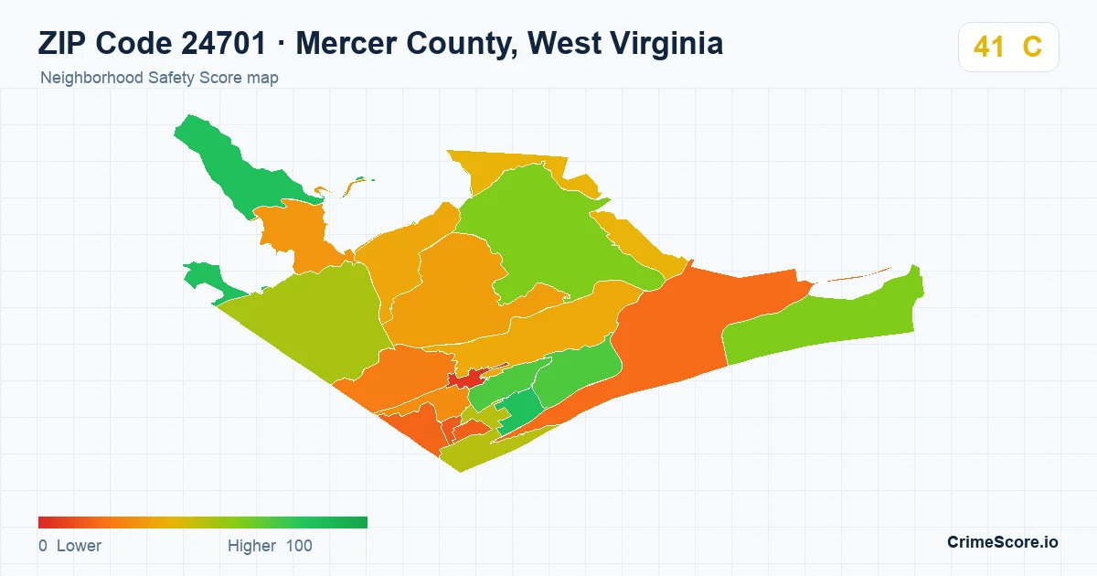 ZIP Code 24701 in Mercer County, West Virginia neighborhood Safety Score map