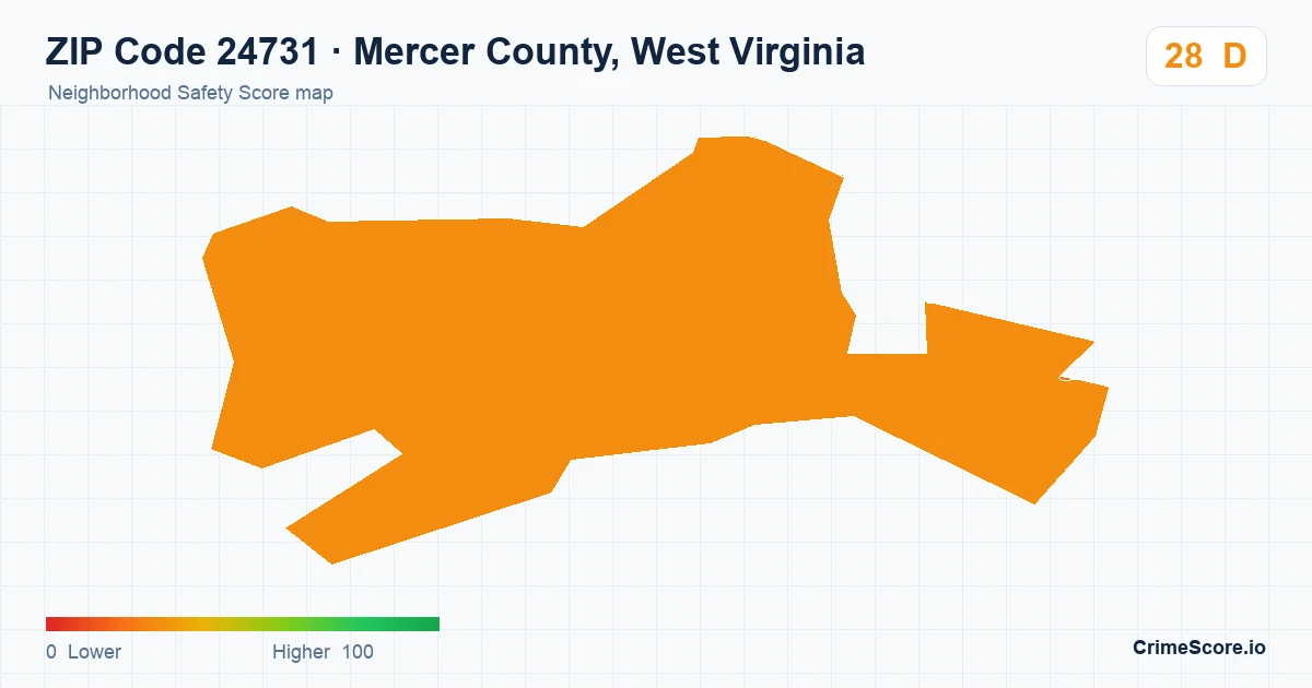 ZIP Code 24731 in Mercer County, West Virginia neighborhood Safety Score map