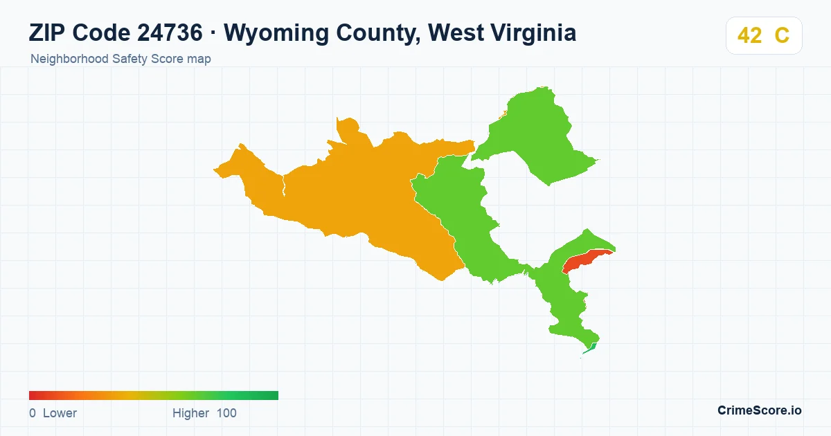 ZIP Code 24736 in Wyoming County, West Virginia neighborhood Safety Score map