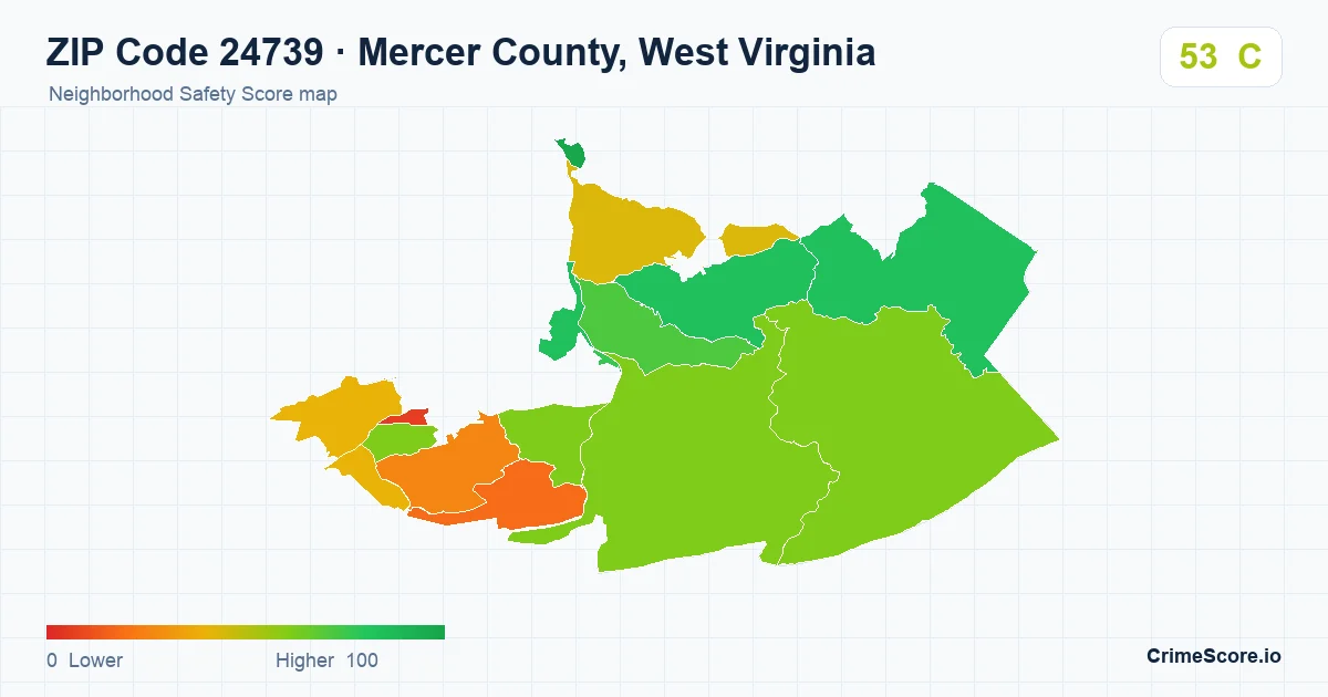 ZIP Code 24739 in Mercer County, West Virginia neighborhood Safety Score map