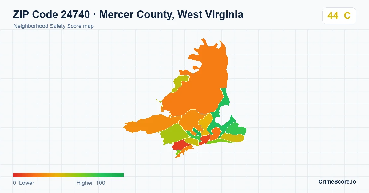 ZIP Code 24740 in Mercer County, West Virginia neighborhood Safety Score map
