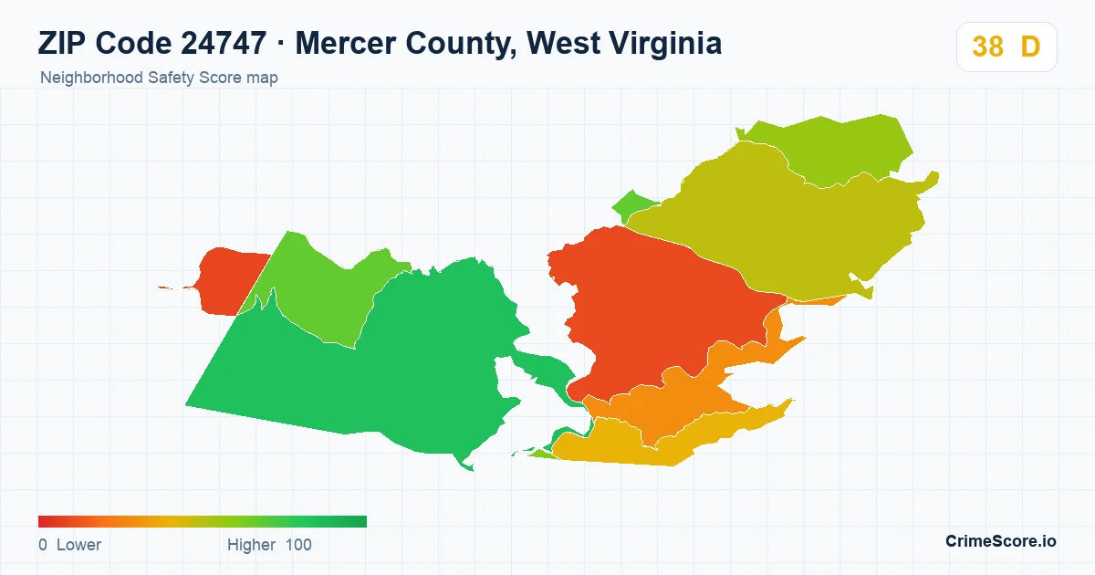 ZIP Code 24747 in Mercer County, West Virginia neighborhood Safety Score map