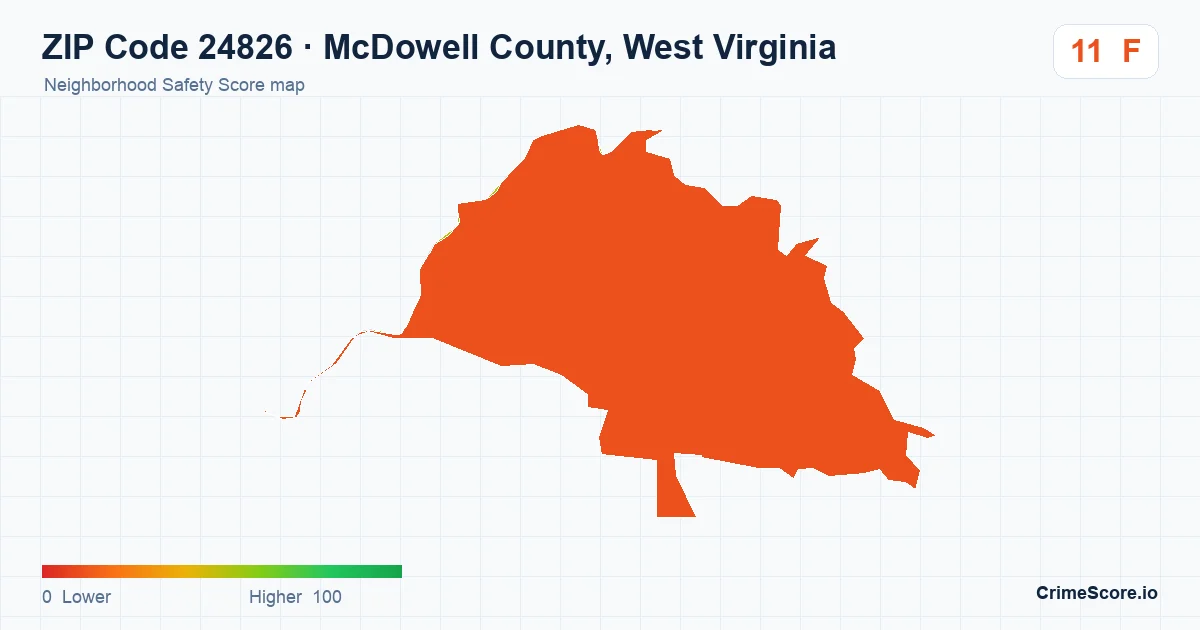 ZIP Code 24826 in McDowell County, West Virginia neighborhood Safety Score map