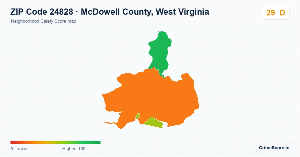 ZIP Code 24828 in McDowell County, West Virginia neighborhood Safety Score map