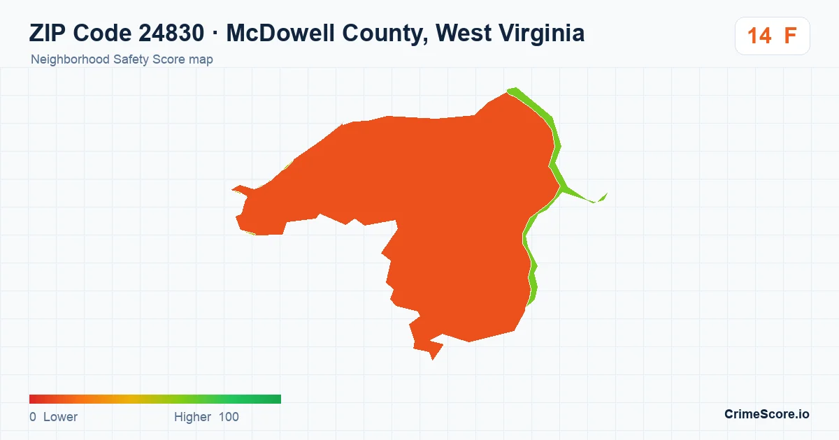 ZIP Code 24830 in McDowell County, West Virginia neighborhood Safety Score map