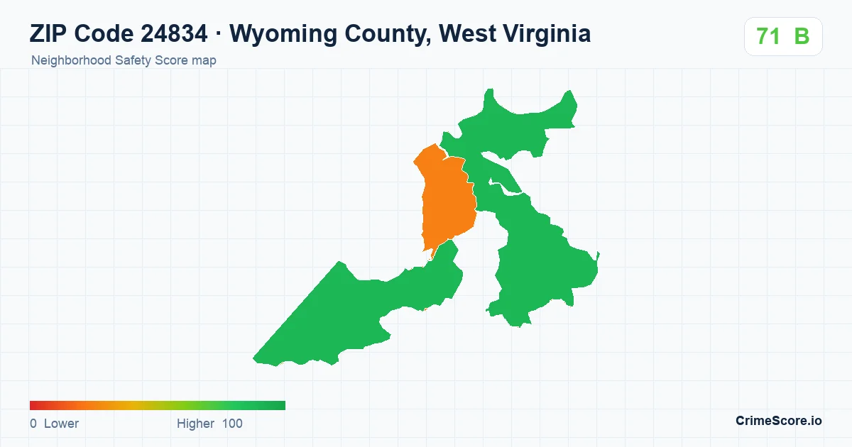 ZIP Code 24834 in Wyoming County, West Virginia neighborhood Safety Score map