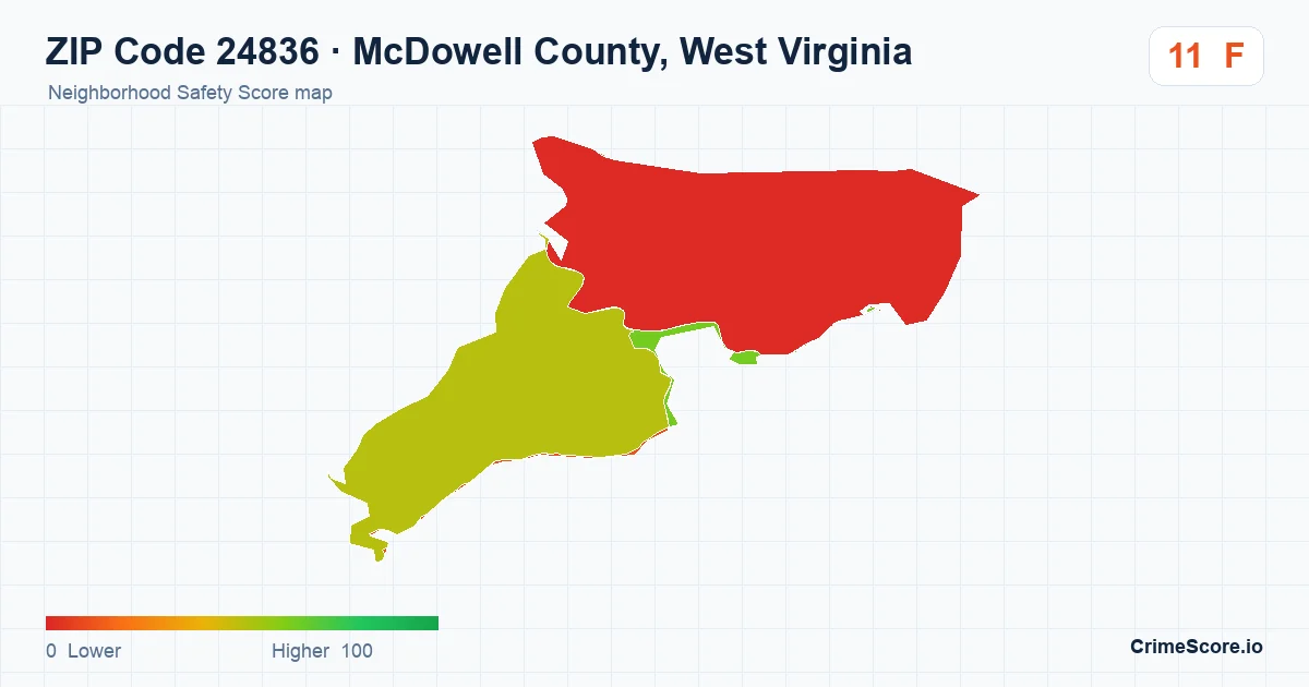 ZIP Code 24836 in McDowell County, West Virginia neighborhood Safety Score map