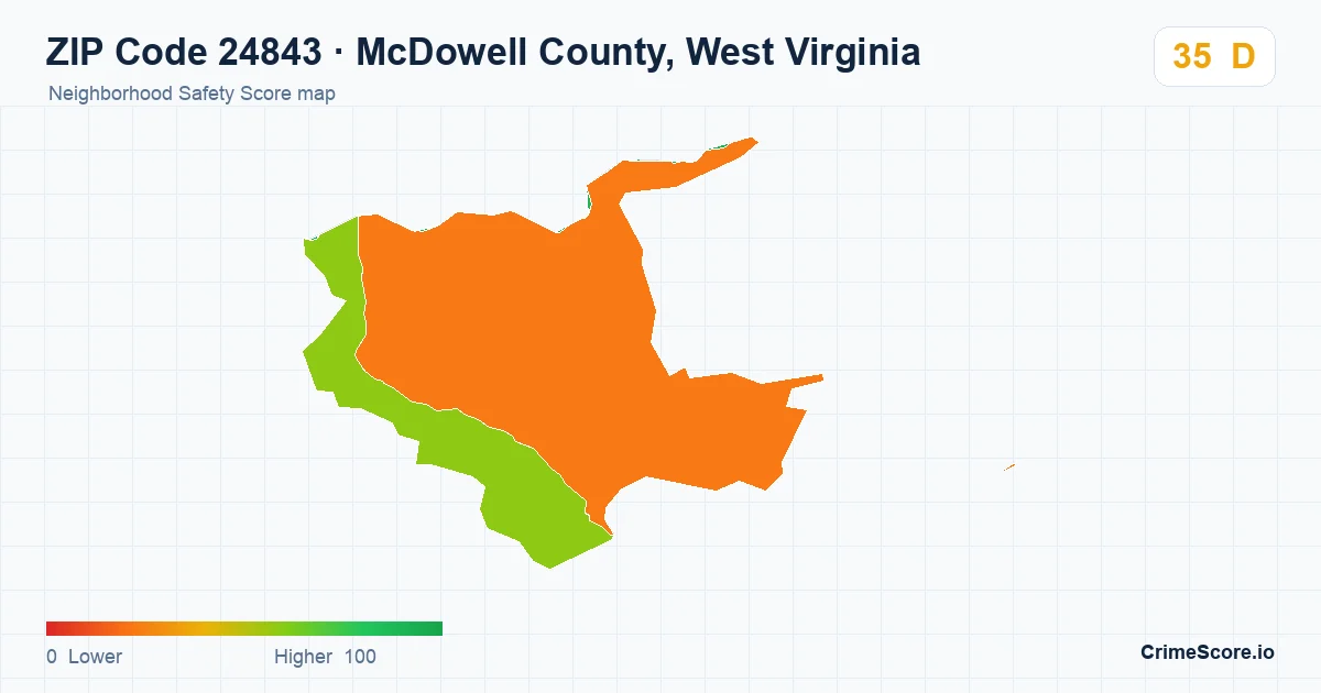 ZIP Code 24843 in McDowell County, West Virginia neighborhood Safety Score map