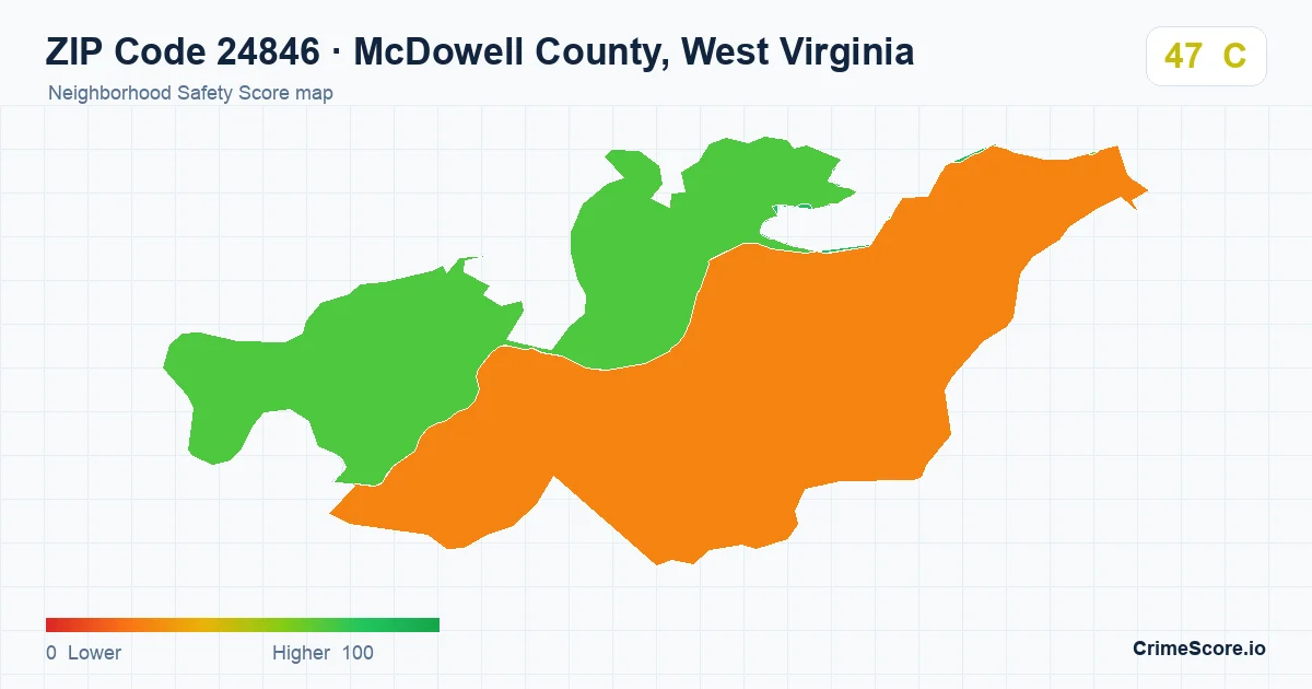 ZIP Code 24846 in McDowell County, West Virginia neighborhood Safety Score map