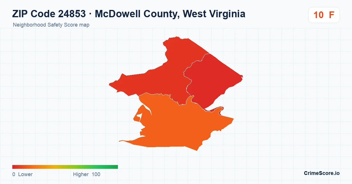 ZIP Code 24853 in McDowell County, West Virginia neighborhood Safety Score map