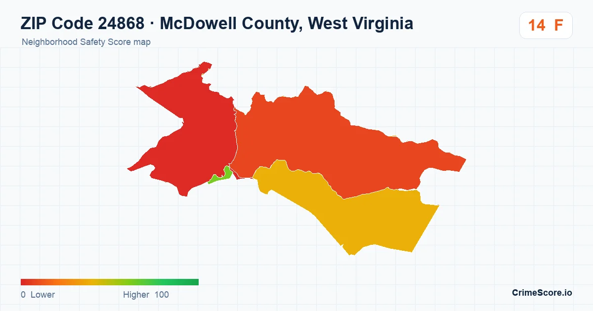 ZIP Code 24868 in McDowell County, West Virginia neighborhood Safety Score map