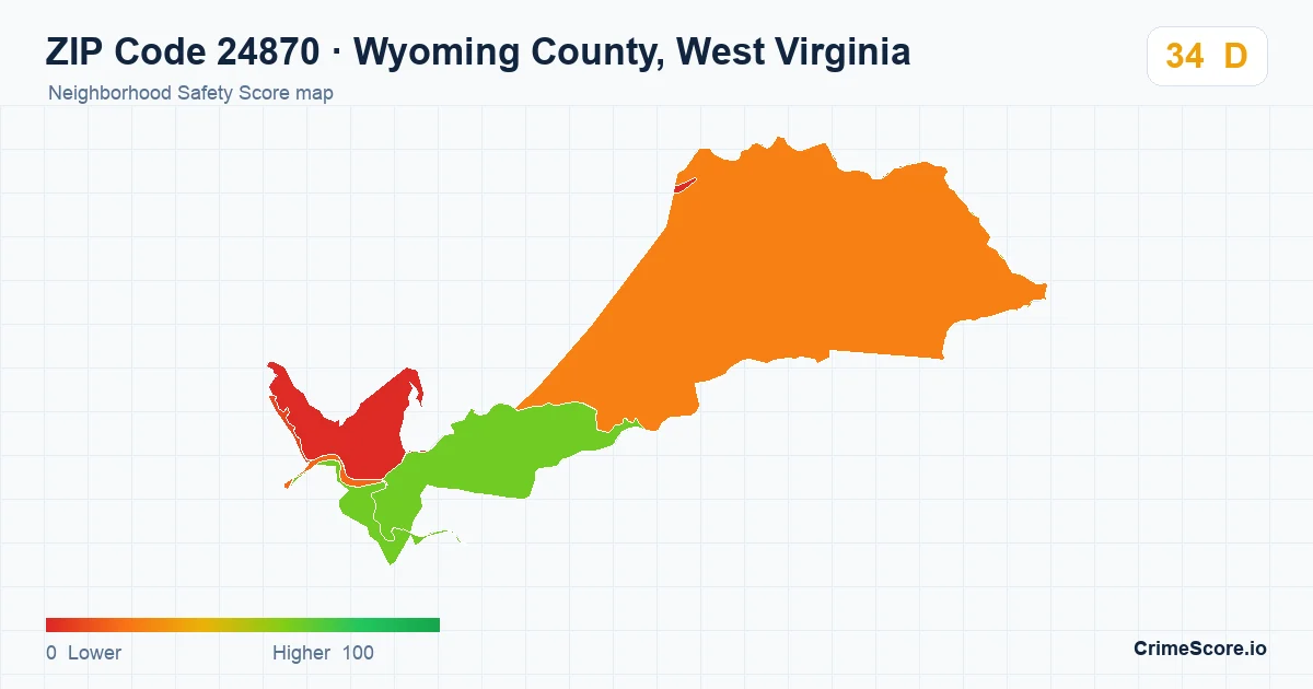 ZIP Code 24870 in Wyoming County, West Virginia neighborhood Safety Score map
