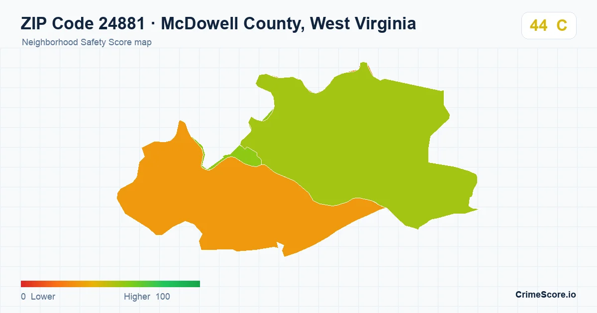 ZIP Code 24881 in McDowell County, West Virginia neighborhood Safety Score map