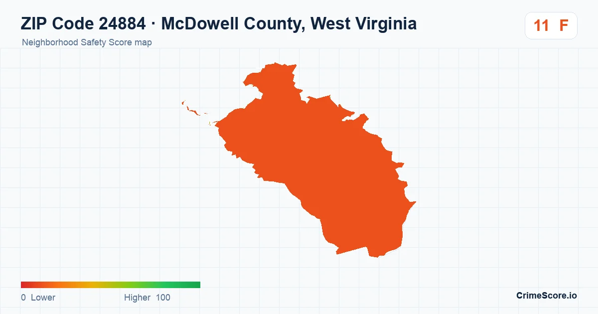 ZIP Code 24884 in McDowell County, West Virginia neighborhood Safety Score map